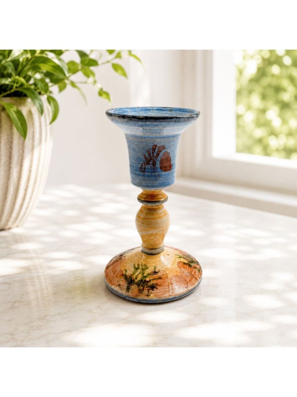 Vintage Tain Pottery Ceramic Candlestick Hand Painted Blue & Ochre Shrimp Motif